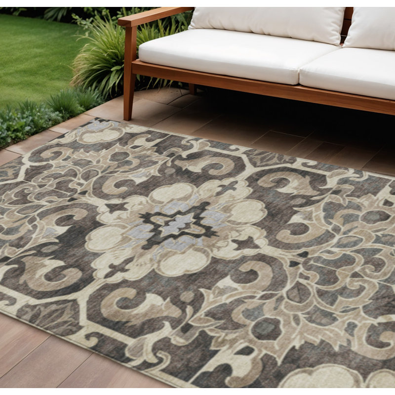 Tapis intérieur / extérieur lavable damassé 10 pi x 14 pi chocolat et taupe