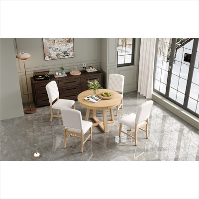Ensemble de salle à manger rond et ovale pour 4 personnes, table en bois massif avec rallonge de 16 pouces et chaises rembourrées, naturel naturel