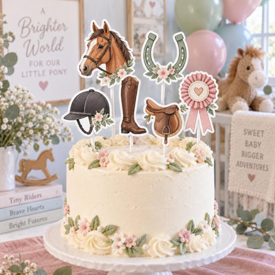 Little Equestrian Cake Topper Set, Baby Shower Party Decor, 6 Cardstock Cake Toppers