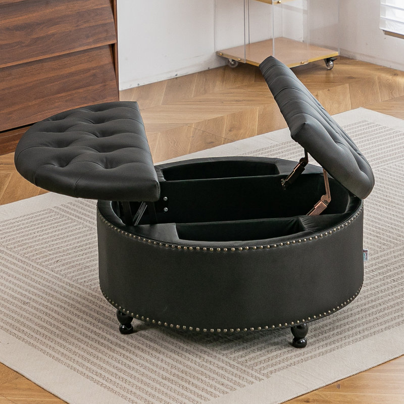 80cm Wide Tufted Round Standard Ottoman with Storage, Black