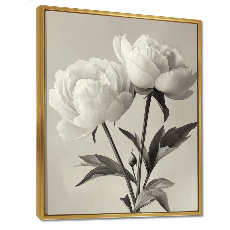 Monochromes de flocons de flocons II - art mural pivoines, H 32 po x l 16 po, Reproduction avec cadre flottant, Doré