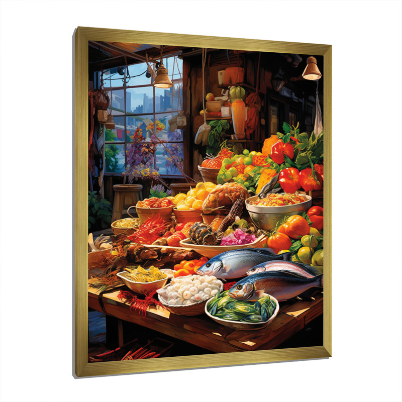 Alimentation, fruits de mer et marché - reproduction sur toile, H 44 po x l 34 po x P 1,5 po, Encadrement doré
