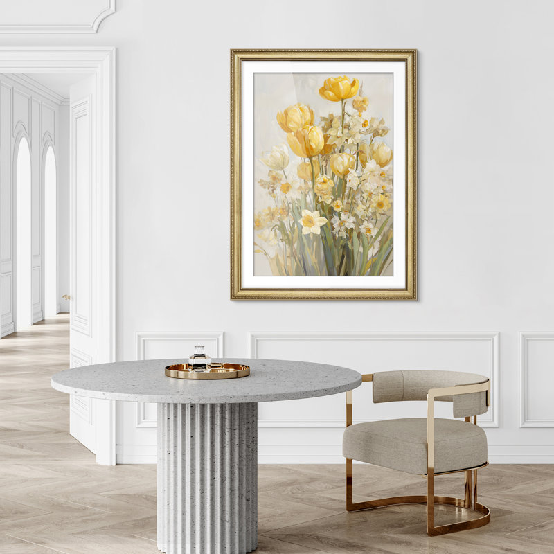 Art mural encadré floral jaune avec tulipes jaunes et jonquilles blanches 26 po x 36 po, Doré