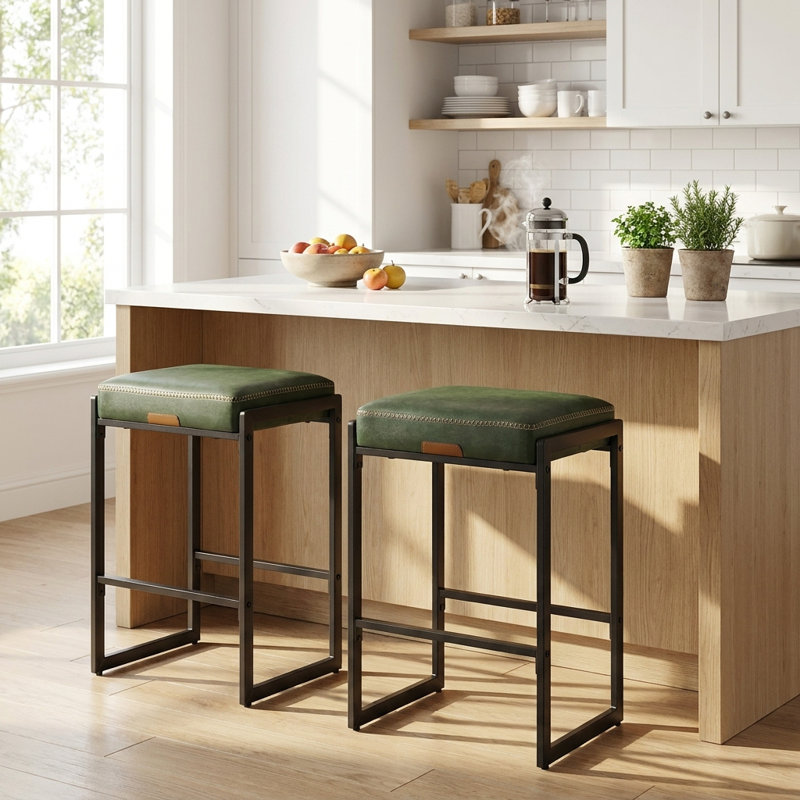 Tabourets de bar à hauteur de comptoir, cuir synthétique avec coutures, Vert