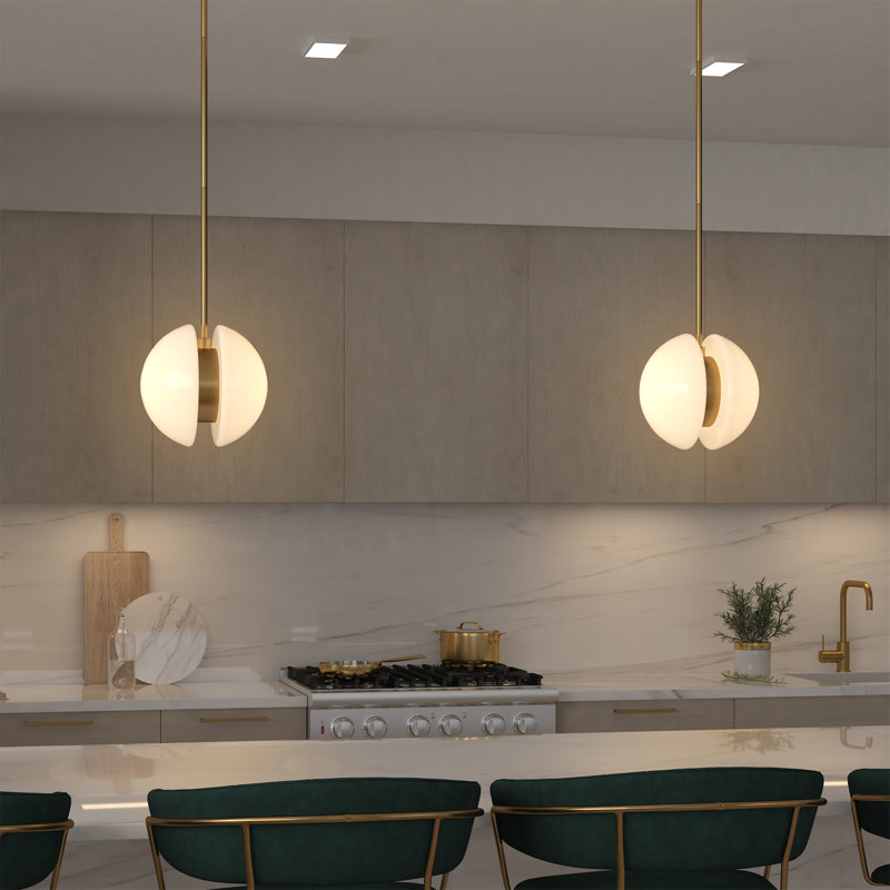 Luminaire suspendu 2 lumières avec abat-jour en verre blanc Rosenberger, Laiton
