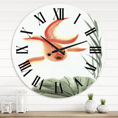 Poisson rouge rétro et feuille de lotus - horloge murale nautique et côtière