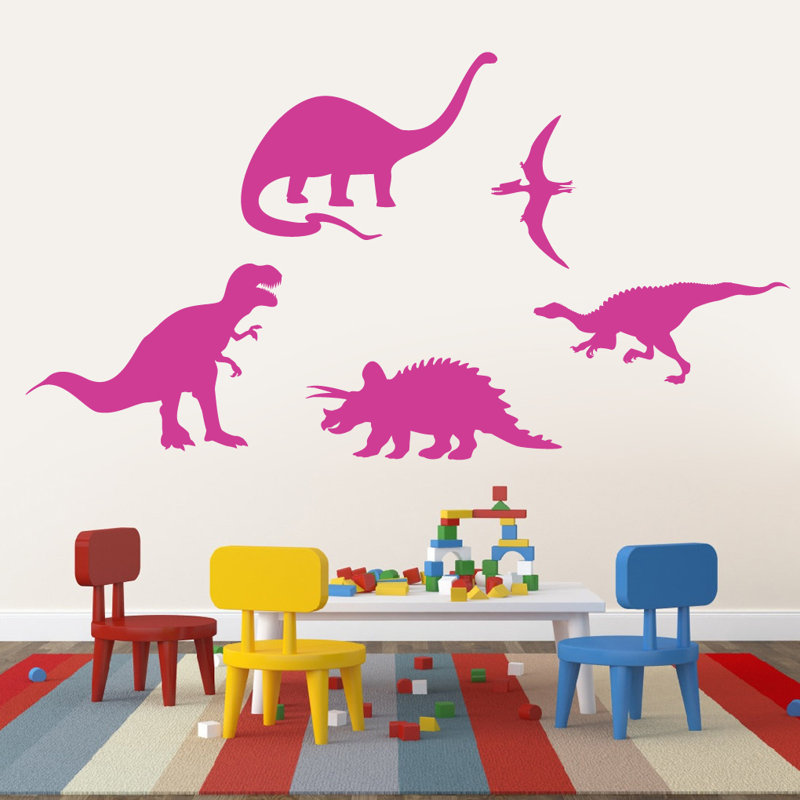 Ensemble de 5 décalcomanies murales dinosaures, Rose vif