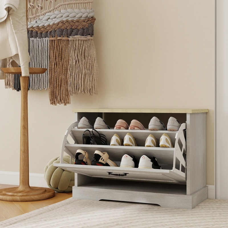 Banc de rangement pour chaussures avec 1 tiroir rabattable et tablette réglable