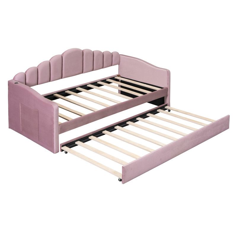 Lit de jour simple rembourré avec couchette, tissu en velours et deux ports de chargement USB