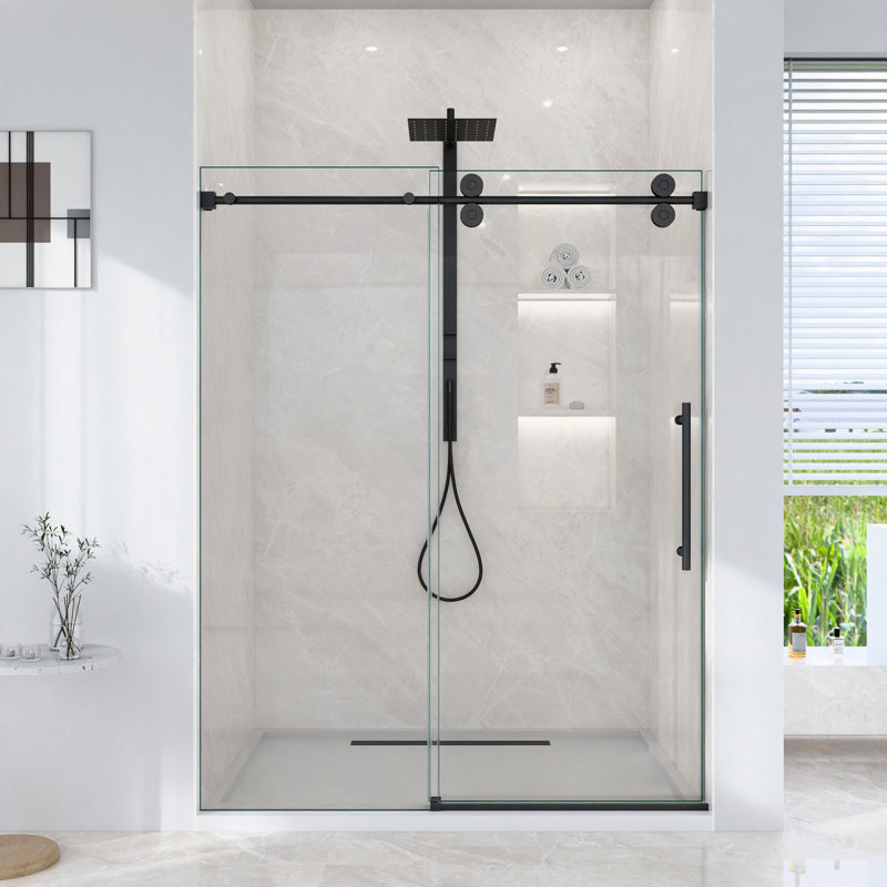 56"-60"W*72" H Frameless Single Sliding Shower Door – 5/16" (8Mm) Clear Tempered Glass, Bypass Design, Matte Black