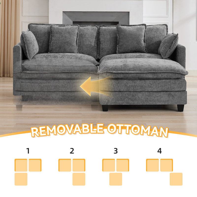 Chenille Upholstered Sectional Sofa Couch with Ottoman, 3, Light Gray