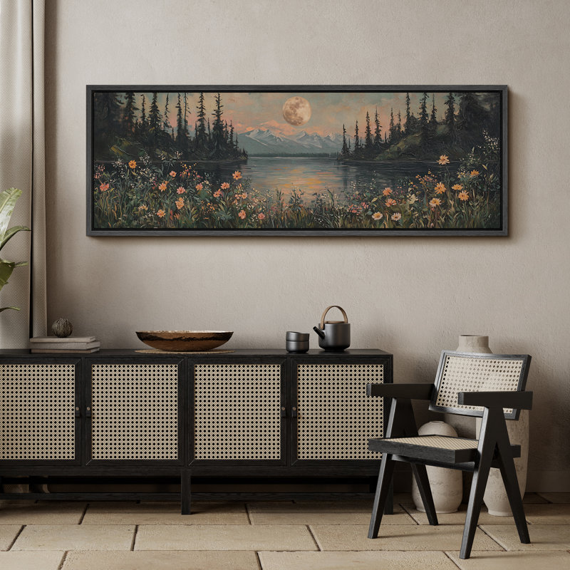 «Full Moon Night Serene Landscape», impression sur toile encadrée, H 20 po x l 60 po, Noir, noir, noir, noir