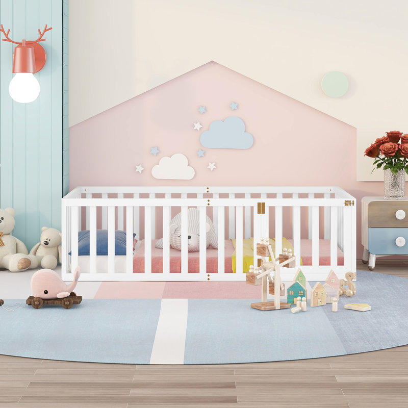 Twin Size Wood Floor Bed Frame With Fence And Door, White, Twin, White