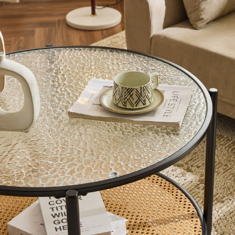 30.78In Black Iron Frame Ripple Glass + PVC Vine Double-Layered Round Coffee Table