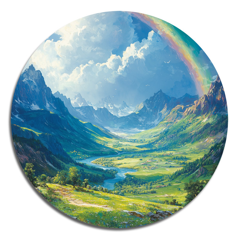 Arc-en-ciel dans la vallée de la montagne I - arc-en-ciel, décoration murale en métal bleu traditionnel, H 29 po x l 29 po