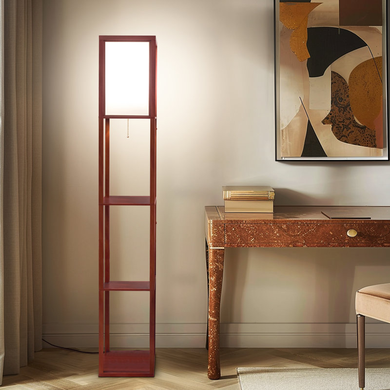 Maxwell 63" Modern LED Shelf Floor Lamp with Walnut Brown Finish, 3 Tiers, and Fabric Square Shade, Bulb Included, Brown