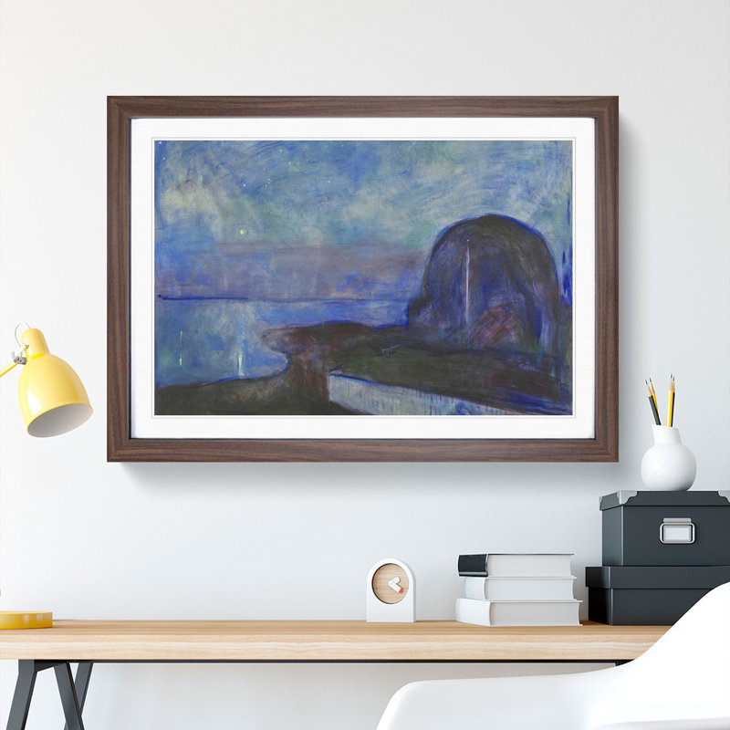 Starry Night by Edvard Munch - Picture Frame Painting, 48cm H x 65cm W x 2cm D, Walnut