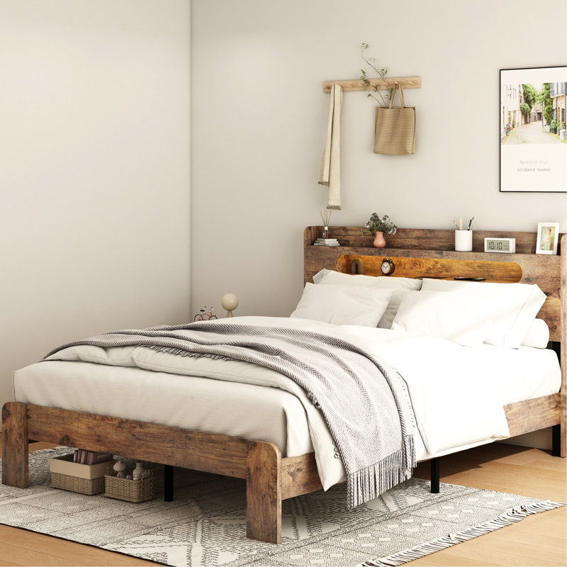 Queen Bed Frame, Wood Platform With Storage Led Headboard And Charging, Noise - Function, No Box Spring, Easy Assembly Task, Big Under Storage, Dark Brown Frame In Size 2 Outlets, Silent Working