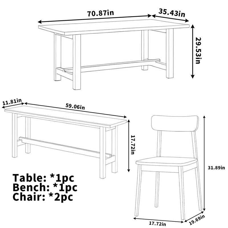 Table de salle à manger en bois massif et bois de cerisier, H 29,53 po x L 70,87 po x l 35,43 po
