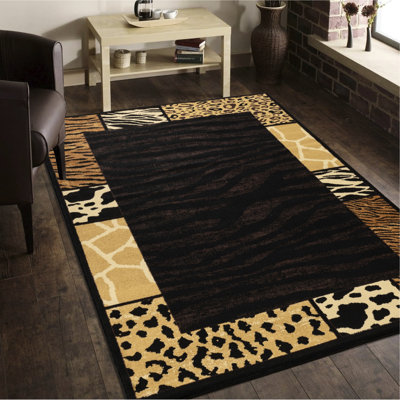 Rectangle Black Multi Animal Print Rug, 7 Ft. 10 In. X 3 In., 100% Polypropylene Machine-made With Jute Backing, Wild Style, For Entryways, Stain Area Rustic & Pet ,
