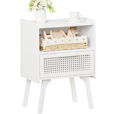 Rattan Nightstand, Side Table With Drawer Open Shelf, Cane Accent Bedside End Table With Solid Wood Legs, Mid Century Modern Night Stand For Bedroom,