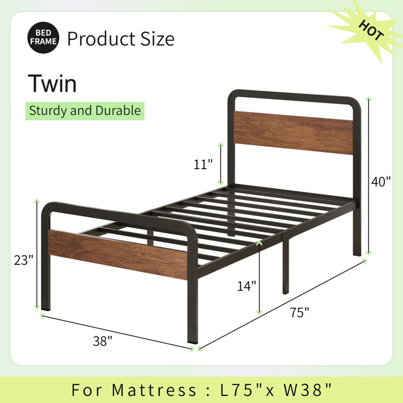 14 Inch Bed Frame with Wood Headboard and Footboard, Twin