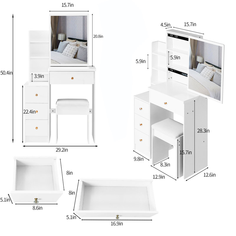 Left Bedside Cabinet Vanity With Three Color Switching Led Mirror, Adjustable Brightness, Cushioned Stool, For Compact Living Spaces Small Sized Table Touch-Control & Brightness Adjustable,
