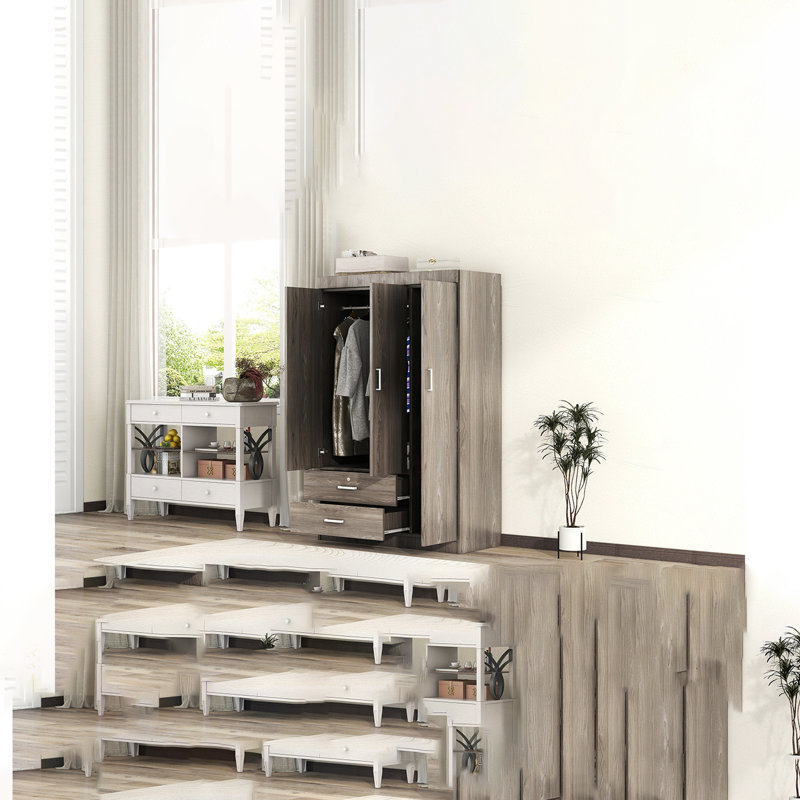 Armoire 3 portes avec 2 tiroirs, Gris