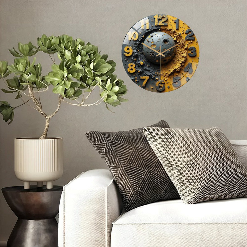 Horloge murale moderne en verre jaune et gris 12 po