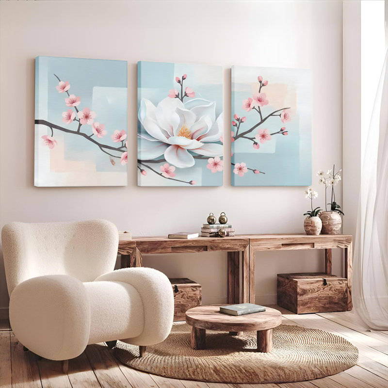 Tableau mural sur toile à motifs floraux de cerisiers et de magnolias (ensemble de 3), H 30 po x l 60 po
