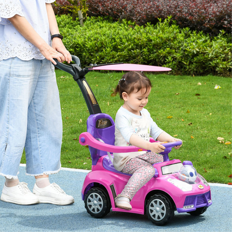 Qaba Push Car For Kids 1-3 Years, 3 In 1 Ride On Sliding Car, Foot To Floor Baby Push Car With Removable Handle, Music, Horn, Canopy, Safety Guardrail