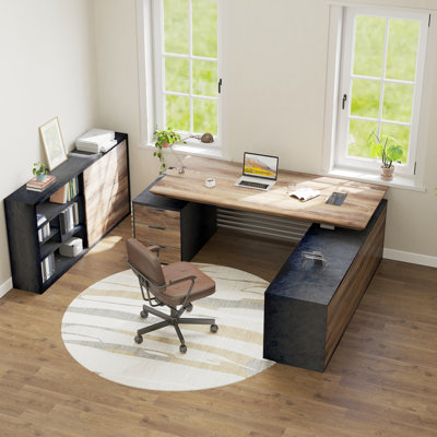 86.59 Inch L-Shaped Executive Desk Adjustable Height with Universal Charging Ports Drawers and Cable Management For Home and Office (Left Return)