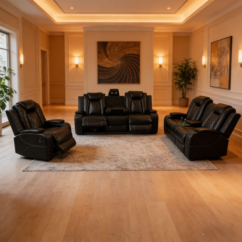 Ensemble de salon inclinable en similicuir 3 pièces avec chargement et rangement sans fil, Noir