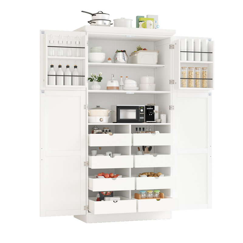 Garde-manger 70,9 po de hauteur - autoportant avec 4 portes, plateaux coulissants et tablette réglable, Blanc