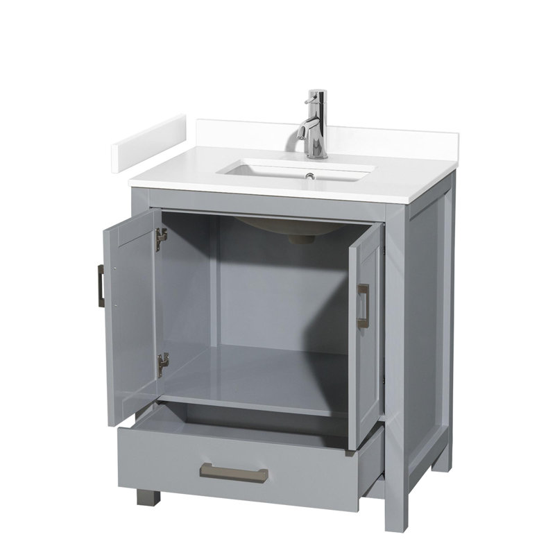 Meuble-lavabo simple avec plateau en marbre Sheffield, Marbre de culture blanc, gris, 30"