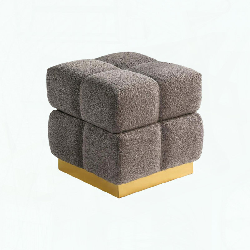 Tabouret de rangement carré - Tissu gris bouclé - Capitonnage biscuit - Socle doré