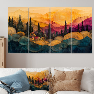 Native Indian Village In AForest Landscape II - Art mural indien - ensemble d'art mural traditionnel