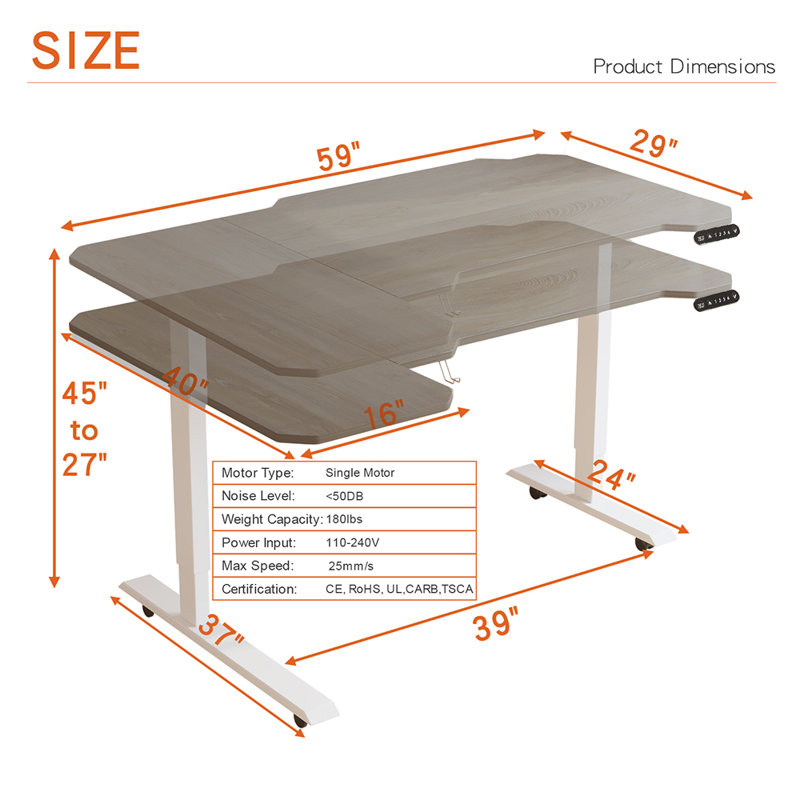Daycia Height Adjustable L-Shape Standing Desk, Oak/White