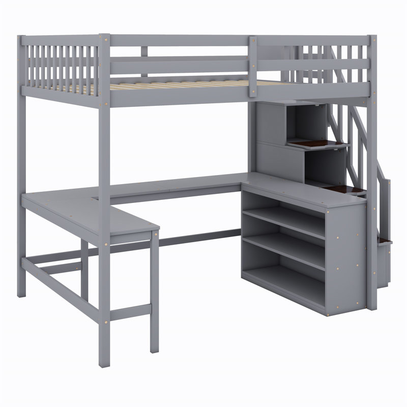 Loft Bed With Built-In L-Shaped Desk,Storage Shelves And Attached Storage Staircase, Gray