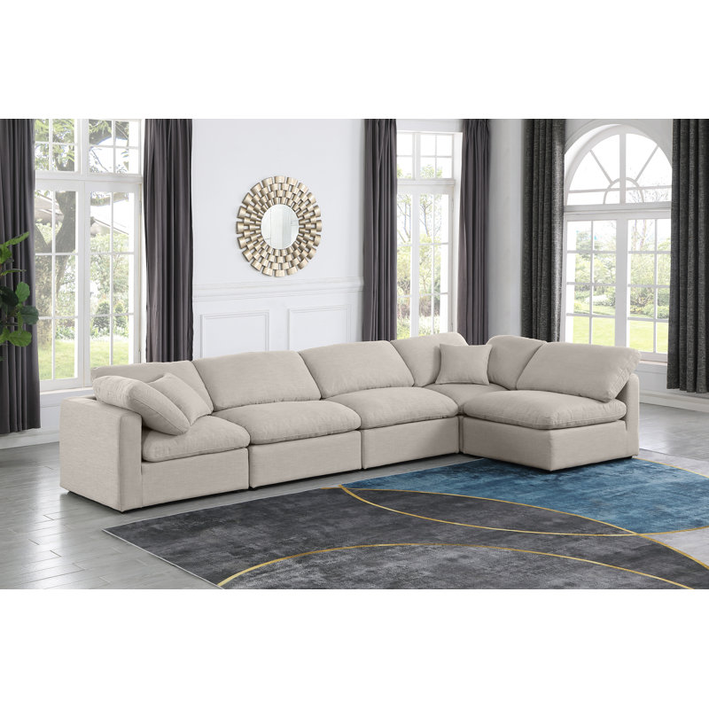 Canapé modulaire en coin 5 pièces Hinami, Tissu beige texturé en lin