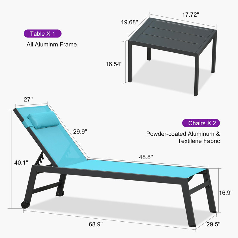 Outdoor Oversized Patio Chaise Pool Lounger Aluminum Frame With Side Table And Wheels, Blue