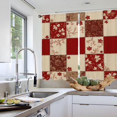 2 pièces de rideaux à motif de feuilles de patchwork rouges, rideaux de fenêtre à passe-tringle, style campagnard rustique, décoration de fenêtre d'étude de salon