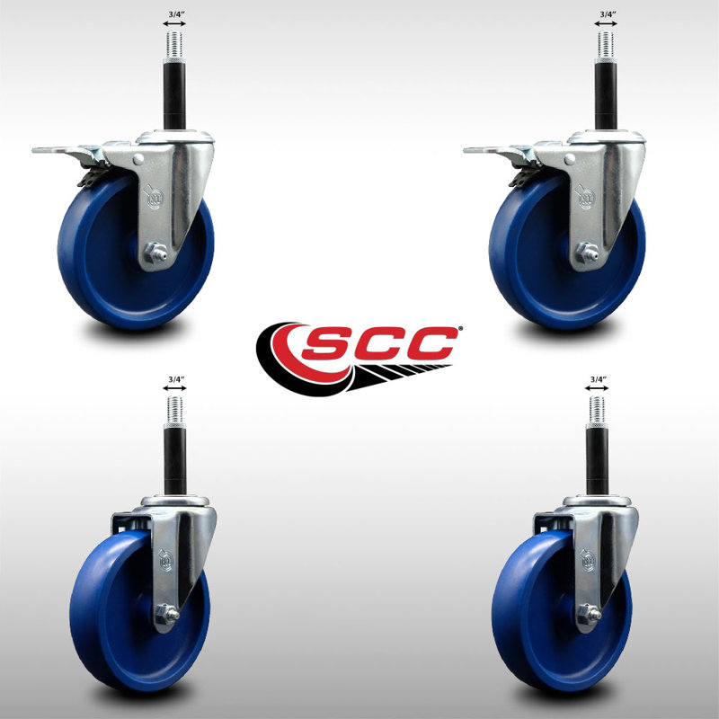5 Inch SS Solid Poly Swivel 3/4 Inch Expanding Stem Caster Set 2 Total Lock Brakes
