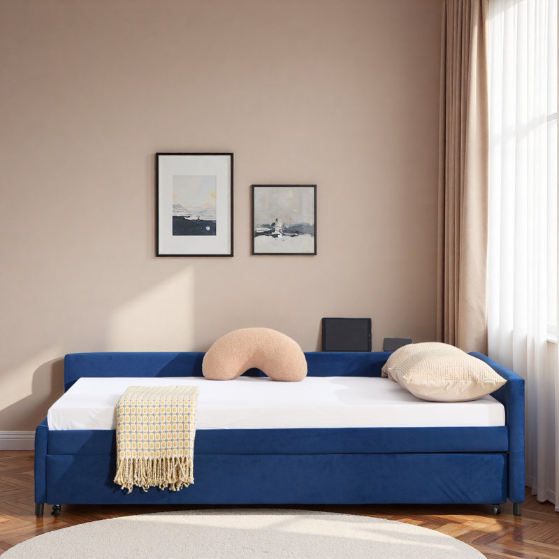 Upholstered Daybed With Trundle And Usb, Navy