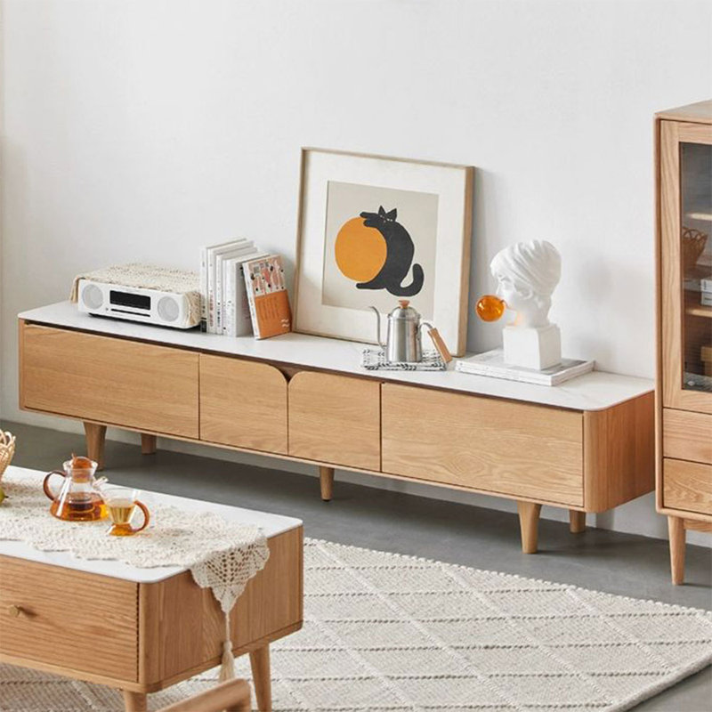 Meuble télé 59,06 po blanc + pierre Burlywood + bois massif