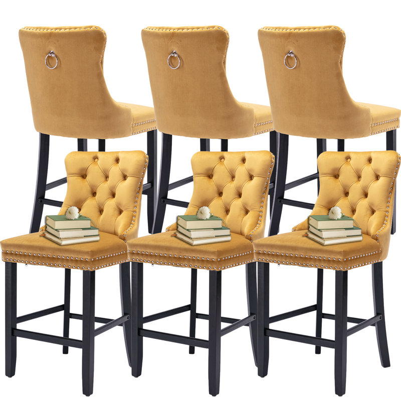 Velvet Kitchen Island Chairs Counter Height Barstools Set of 6, Black, Yellow, 6