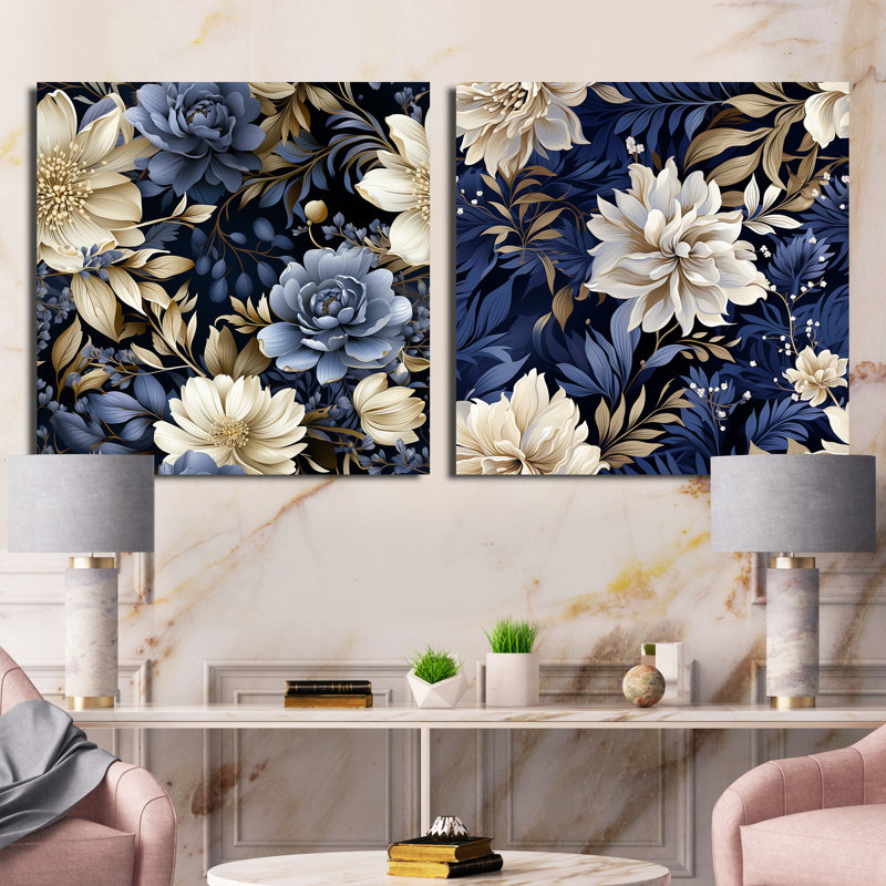 Vasbinder - Ensemble de 2 collages carrés floraux, H 16 po x l 33 po, Toile tendue