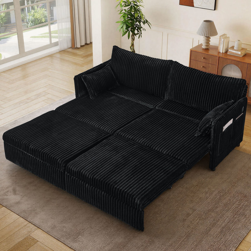 73" Pull Out Sofa Bed with Side Pocket& USB,3-in-1 Sleeper Sofa Corduroy Couch, Black