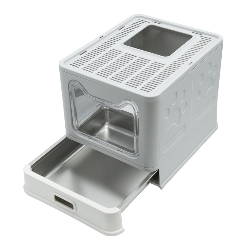 Stainless Steel Enclosed Cat Litter Box With Lid Top Entry Exit Metal Covered Litter Box Leak Proof & Pull Tray Odorless Easy To Clean Including Cat Litter Scoop