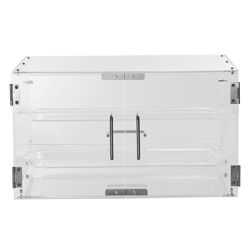 Présentoir à pâtisserie en acrylique transparent à 2 niveaux avec porte arrière et tablettes amovibles, idéal pour exposer des pâtisseries et autres pâtisseries, utilisé dans de multiples espaces de vente au détail